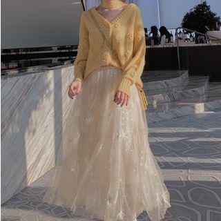 Embroidered Faux Pearl Maxi A-line Skirt White - One Size
