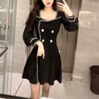 Mesh Sleeve Double-breasted Mini A-line Dress