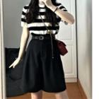 Short-sleeve Stripe Knit Top / High-waist Plain Dress Shorts / Set