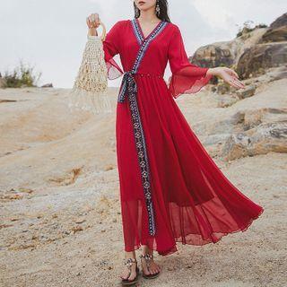 Flared-sleeve Contrast Trim Maxi A-line Dress