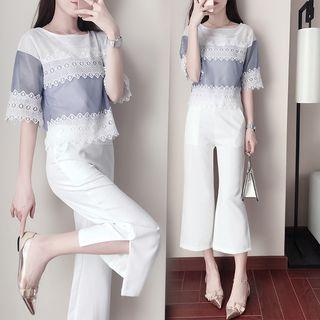 Set: Lace Panel Elbow-sleeve Top + Cropped Wide-leg Pants