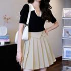 Pleated Mini A-line Skirt / Short-sleeve Collar Top / Set