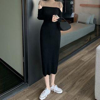 Long-sleeve Two Tone Cutout Knit Midi Dress