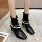 Chain Faux Pearl Chunky Heel Short Boots