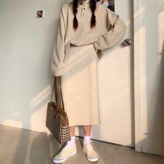 Long-sleeve Polo Sweater / High-waist Knit Skirt
