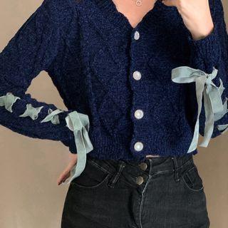 Cropped Lace-up Cable Knit Cardigan Blue - One Size