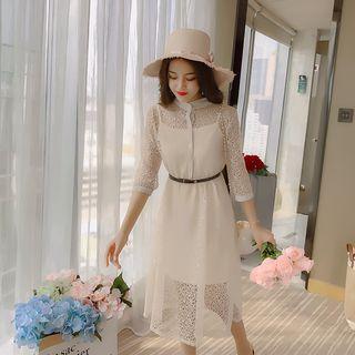 Set: Lace Long-sleeve Dress + Plain Slipdress