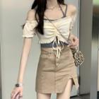 Plain Mini Skirt / Short-sleeve Drawstring Off-shoulder Top / Camisole Top