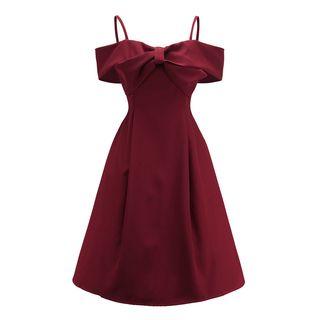 Short-sleeve Cold Shoulder Ribbon A-line Party Dress