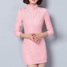 Mandarin Collar Long-sleeve Lace Dress