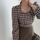 Square-neck Houndstooth Woolen Blouse