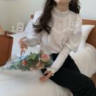 Plain Ruffle Trim Stand Collar Puff-sleeve Top