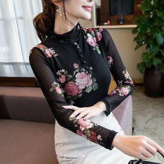 Mock-turtleneck Floral Print Lace Top
