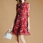 Floral Print Elbow-sleeve Ruffled A-line Dress