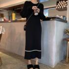 Ribbed Long-sleeve Midi Knit Dress Black - One Size