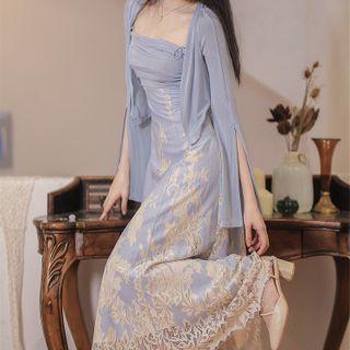 Set: Slide-slit Cardigan + Spaghetti Strap Lace Maxi A-line Dress