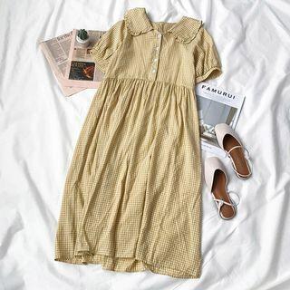 Gingham Short-sleeve Collared A-line Dress