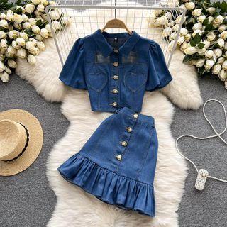 Set: Short-sleeve Denim Crop Shirt + Mini Pencil Skirt