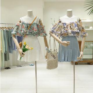 Off-shoulder Floral Print Ruffle-trim Top