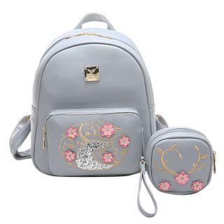 Set: Flower Applique Faux Leather Backpack + Zip Pouch