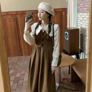 Long-sleeve Lace Trim Blouse / Midi A-line Overall Dress
