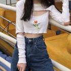 Set: Long-sleeve Crop Top + Print Camisole Top White - One Size