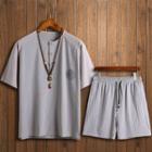 Set: Short-sleeve Striped Paneled Placket T-shirt + Shorts