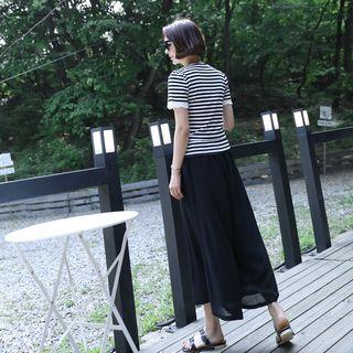 Wide-leg Crop Chiffon Pants Black - One Size