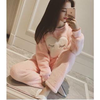 Set: Heart Applique Coral Fleece Pullover + Pants