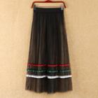 Ribbon Trim Midi Mesh Pleated Skirt