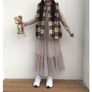 Mock Neck Long-sleeve Maxi Mesh Dress / Reversible Vest