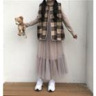 Mock Neck Long-sleeve Maxi Mesh Dress / Reversible Vest