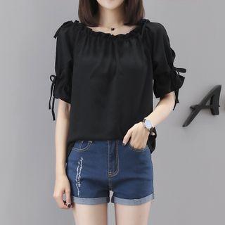 Short-sleeve Lace Up Plain Ruffle Trim Loose Fit Chiffon Blouse