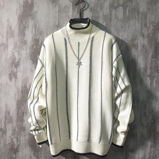 Stitching Striped Mock-turtleneck Sweater