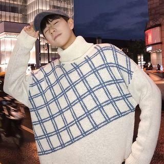 Mock Turtleneck Plaid Panel Sweater