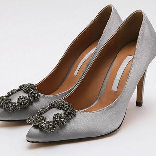 Rhinestone-buckle Pointy Satin Stilettos