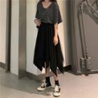 Pinstriped Short-sleeve T-shirt / Midi A-line Skirt