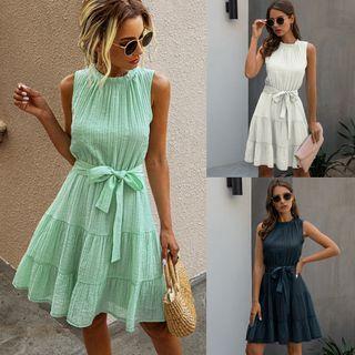 Plain Sleeveless Tiered Mini A-line Dress
