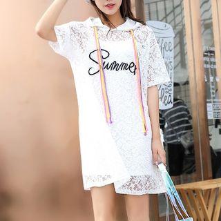 Set: Lettering Lace Short Sleeve Hoodie Dress + Slipdress