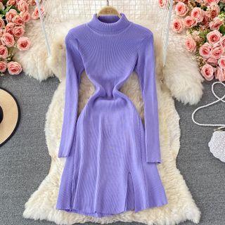 High Neck Slit A-line Knit Dress