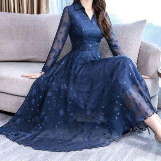 V-neck Long-sleeve Chiffon Maxi Dress