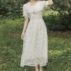 Puff-sleeve Lace Embroidered Midi A-line Dress
