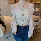 Buttoned Off-shoulder Long-sleeve Crop Top Almond - One Size