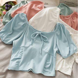 Ribbon-neckline Puff-sleeve Crop T-shirt