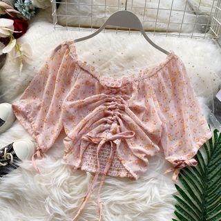 Short-sleeve Floral Print Drawstring Blouse