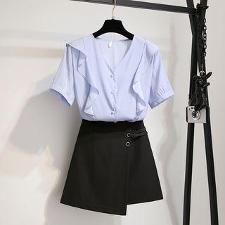 Set: Short-sleeve V-neck Blouse + Mini A-line Skirt