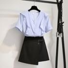 Set: Short-sleeve V-neck Blouse + Mini A-line Skirt