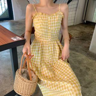 Spaghetti Strap Checked A-line Midi Dress Gingham - Yellow - One Size