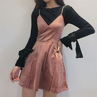 Corduroy Long Sleeve T-shirt / Spaghetti Strap A-line Dress