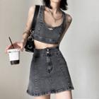 Set: Denim Cropped Tank Top + High-waist A-line Denim Mini Skirt
